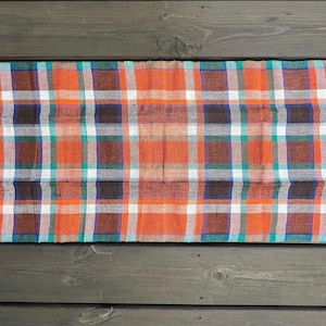 Vintage Handweaved Linen tablecloth Checkered Orange/ White Green Tablecloth Made in Finland Unused
