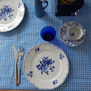 Vintage Linen fabric tablecloth -Bright blue white - handmade checkered 140 x 145 cm