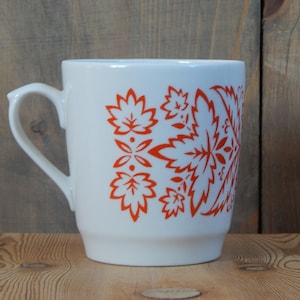 Vintage  Big Mug Ceramic Coffee Cup White with Red Ornamental Pattern  Design  era 1970 s.  Tableware