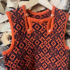Vintage Kids Muhu Vest Ethnic Tribal Orange Black Knitwear Warm Winter Wool Vest, Wool Vest for about 9-10 years old
