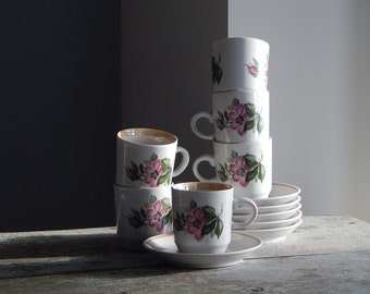 Set of 6  Vintage Espresso Coffee Cup / Saucer  Coffee Cup Tin White Cups  Pink Roses