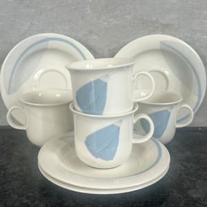 Set of 4 Arabia of Finland Arctica Coffee Cup and Saucer Replacement Cup Designed by Inkari Leivo White with Blue Flower 1970s