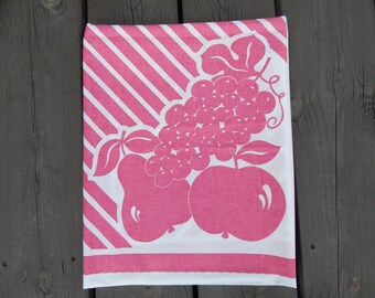 Set of 5 Vintage Sew it yourself- 4 cotton napkins,1 tablecloth Hand Printed Pattern Pink Fruit and Stripes Kitchen Fall Autumn Textiles