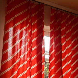 Set of 2 Swedish Vintage Cotton Curtain Candy Cane Retro Red/ White Diagonal Striped Fabric