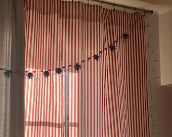 Set of 2 Swedish Vintage Cotton Curtain, Brick Red and Natural White, Candy Cane Retro Striped Fabric