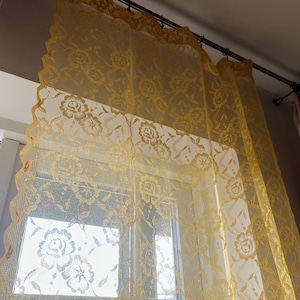 Swedish Vintage Warm Yellow Polyester Mesh Lace Curtain with Pocket Rod 1960 s curtain measures (98 cm x 230 cm)