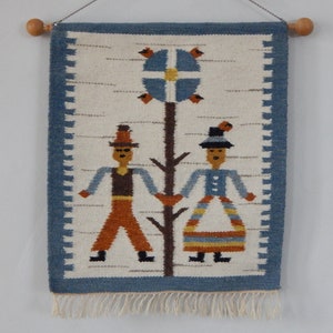 Scandinavian Vintage Tapestry Carpet Hand Woven Wool Mat Woven Textile Wall Hanging Home Decor Folk Art Wall Hanging Size 19 3/4&quot; x 22 3/4&quot;