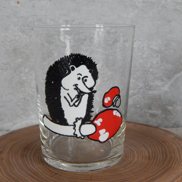 Drinking glass Hedgehog with Amanita Image Vintage Glassware  Glass Tumbler Cartoon Style Drinking Glass