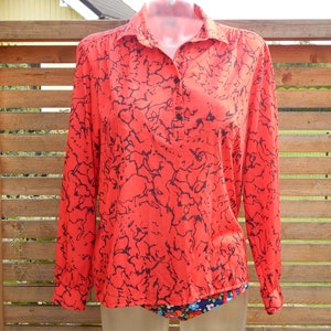 Vintage Red Black Blouse Shirt Woman Clothing Gift for Her Made in Denmark
