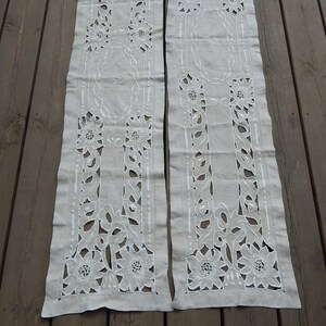 Set of 2 Antique Linen Hand Embroidered Broderie Long Tablerunner Tablecloth