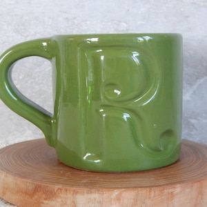 Vintage R Mug Green Coffee Mug with Letter R  era 1970 s.