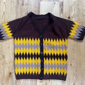 Vintage Ladies Cardigan 70s Brown with Yellow Pure Wool Hand Knitted Short Sleeve Cardigan Patterned Cardigan Size XS