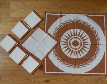 NOS Set of 6 Vintage Brown Cotton Place mat Set with Tablecloth Hand printed Napkin Retro Home Decor/ Vintage Decor 1980 s