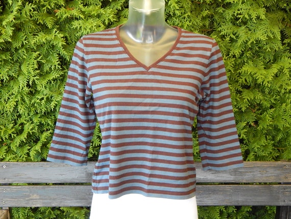 Marimekko Striped T- shirt Blue Brown Ladies 3/4 … - image 9