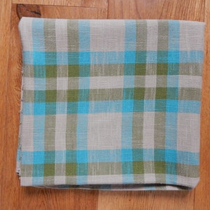 Vintage Checkered Blue Green Beige Finlayson Tablecloth Cotton Polyester 130 x 125 cm ( 51&quot; x 49&quot;)
