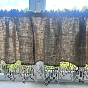Heavy Nubby Unique Antique Linen Valance Curtain Handmade Crocheted Lace Organic Linen with Pocket Rod 47 x 230 cm