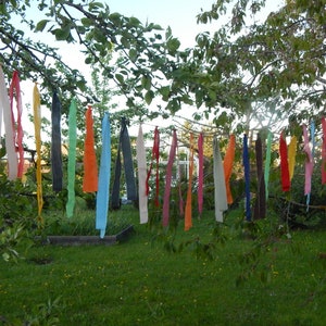 May include: A tree branch with colorful fabric ribbons tied to it, hanging down in a row. The ribbons are in various shades of pink, blue, green, orange, yellow, and red.