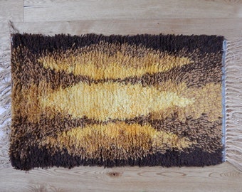 Scandinavian Vintage Rya Rug Brown Yellow Rya Swedish Carpet Hand Woven Wool Textile Home Size 21.7 " x 36" Decor Textile Art Carpet