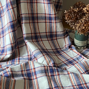 Antique Woven Natural White, Blue and Orange Plaid Fabric Heavy Cotton Upholstery Grade Checkered Cotton 211 x 130 cm (83&quot;x 51.2&quot;)