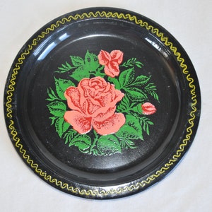 Vintage Hand Printed Metal Tray  Black Tray Retro Home Metal Plate Collectible/Kitchen Decor 1970 s.