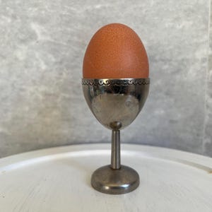May include: A brown egg sits in a vintage silver egg cup. The egg cup features a decorative scalloped edge and a pedestal base. The egg is light brown. The egg cup is made of metal.