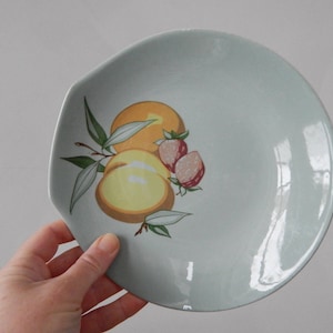 Turi Design Figgjo Flint Norway pale green dessert or fruit plate with fruit decor Mid Century Modernist Scandinavian Norwegian Plate