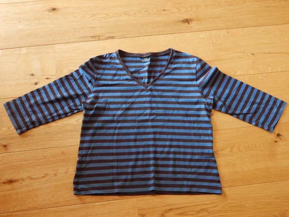 Marimekko Striped T- shirt Blue Brown Ladies 3/4 … - image 3