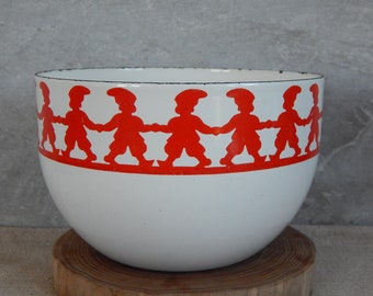 Vintage Scandinavian Bowl Kaj Franck Finel Enamel Bowl TONTTU Red -white decor with elves. 60 s Big white Bowl