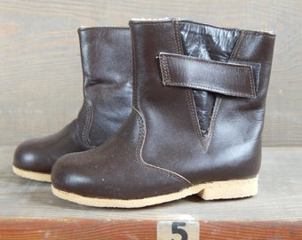 Vintage Kids Leather Boots  Brown Boots Retro Kids Boots with Wool Lining Footwear