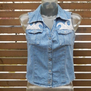 Size 36 Vintage Ladies Colours of the World Denim Vest with Lace Vintage Denim Clothing SMALL