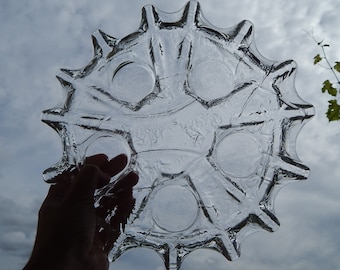 May include: A clear glass plate with a starburst design and six circular indentations. The plate is held up against a cloudy sky.