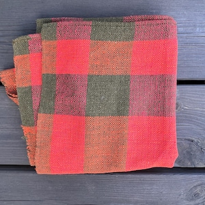 Checkered Orange/ Brown Tablecloth Cotton Linen about 90 x 90 cm