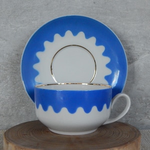 Riga Porcelain Factory Blue Tea Cup And Saucer Latvian Design Tea Cup and Saucer 1980s.  Tableware