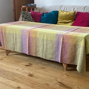 Vintage Checkered Purple Green Big Linen Tablecloth Made in Finland