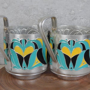 Set of 2  Vintage Aluminium Tea Set Glass Holders Tea Time Podstakannik Decor Retro