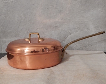 Vintage Copper Cookware Pan with Lid and Long Brass Handle /Pan/ Serving Pan, Gourmet Kitchenware 1970 s. Holds 3 Liters