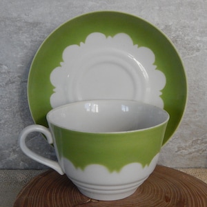 Set of 2 Vintage Tea/ Coffee Cups and 2 Saucers Green/ White Tableware  era 1980 s. Riga Porcelain Factory RPR