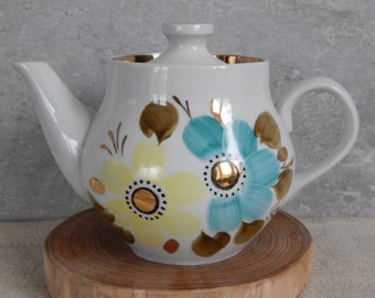 Vintage Baranivka Ukraine Faience Teapot Hand Painted Flower Teapot 1970-s.
