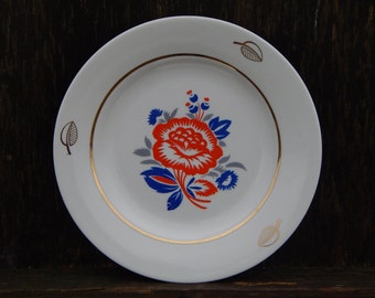 Set of 4  Vintage Cake Plate,  era Tableware,  1970 Cobalt Blue Red Flower Plate Poltava Porcelain