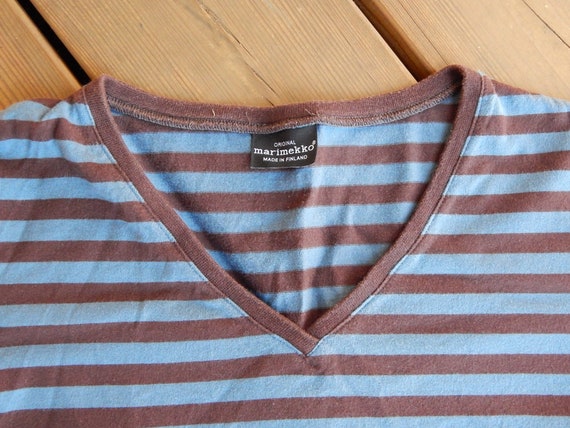 Marimekko Striped T- shirt Blue Brown Ladies 3/4 … - image 6
