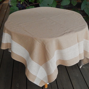 Vintage Checked Beige and White Finlayson Tablecloth Cotton Viscoze