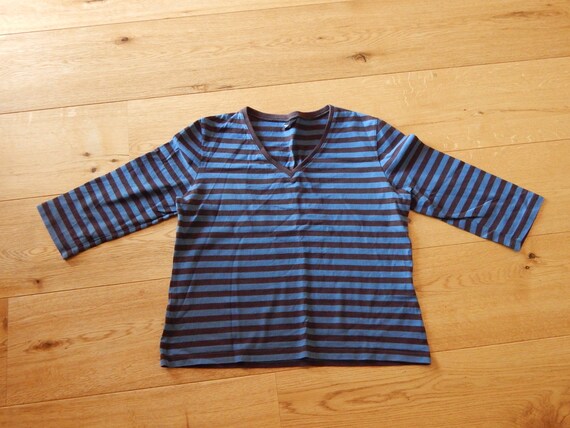 Marimekko Striped T- shirt Blue Brown Ladies 3/4 … - image 1