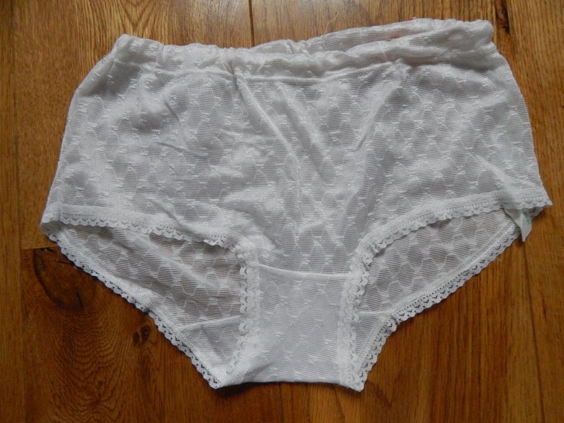 May include: White lace underwear with a delicate floral pattern. The underwear has a wide elastic waistband and a lace trim.