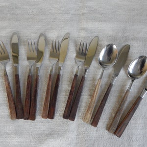 Set of 4 Forks 6 Knives and 2 Spoons Scandinavian Vintage Cutlery with Wooden Handle Swedish Tableware, Made in Sweden Kitchenware 1960 s.