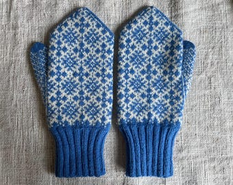 May include: A pair of blue and white knitted mittens. The mittens feature a geometric pattern in white against a blue background. The cuffs are a solid blue color. These winter accessories are designed for warmth and style.