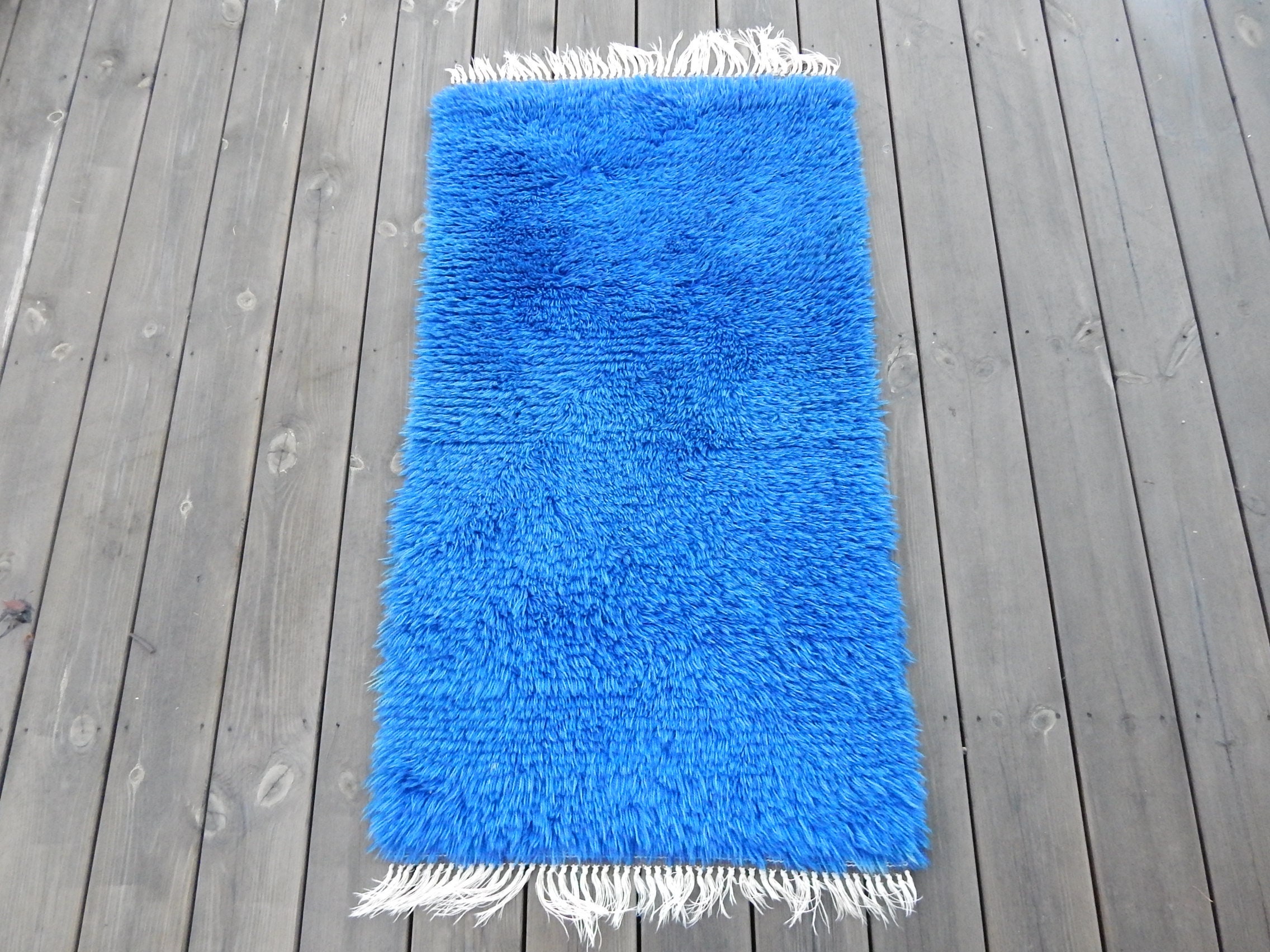 Scandinavian Vintage Rya Rug Blue Rya Swedish Carpet Hand Woven Wool Textile Home Size 30 " x 53" Textile Art Carpet
