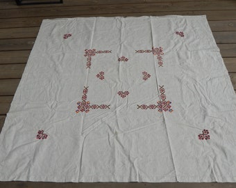Vintage Linen Big Embroidered Tablecloth Retro Home Decor/ Gray Linen Decor 142 x 147 cm