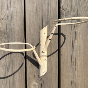 Könnte beinhalten: Cremefarbener Wand-Pflanzenhalter aus Metall mit zwei kreisförmigen Ringen und einem Birkenstamm-Design. Der Halter ist auf einer verwitterten Holzoberfläche montiert und wirft einen Schatten.