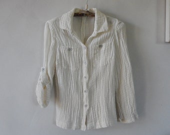 Vintage Ladies Natural White Cotton Blouse shirt Size Medium