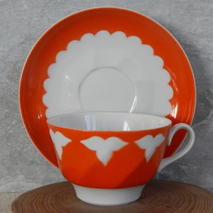 Riga Porcelain Factory Cup and Saucer Coffee Cup with Leaf Motive and Orange Border  era 1970 s.